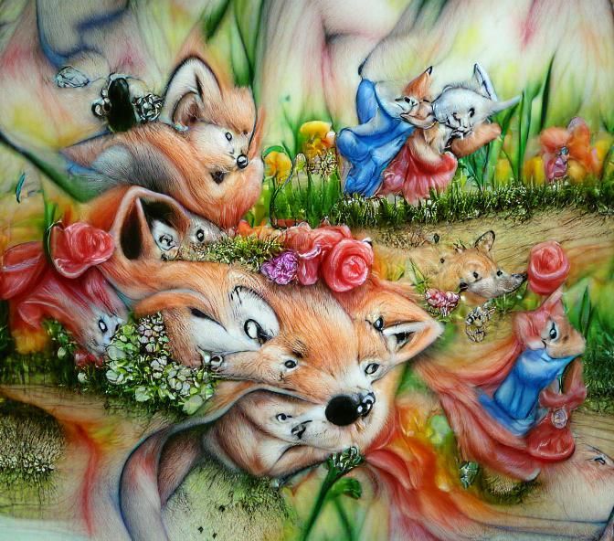 Pretty little foxes frolicking in a field of flowers