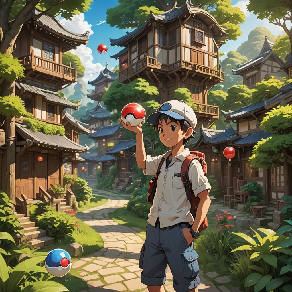 a young boy in the village playing with a poke ball
