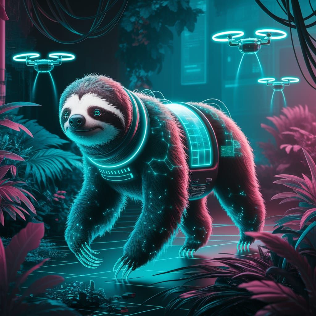 A futuristic sloth, its fur interwoven with glowing fiber optics and micro-circuitry, navigates a dense, neon-lit jungle. Hovering drones pr...