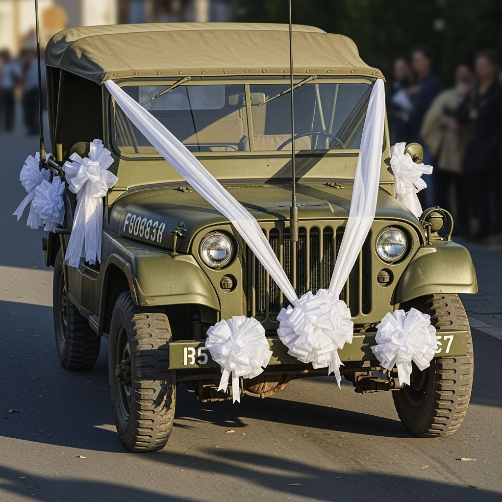 War-Worn Jeep Decorated for a Wedding, Realistic Style