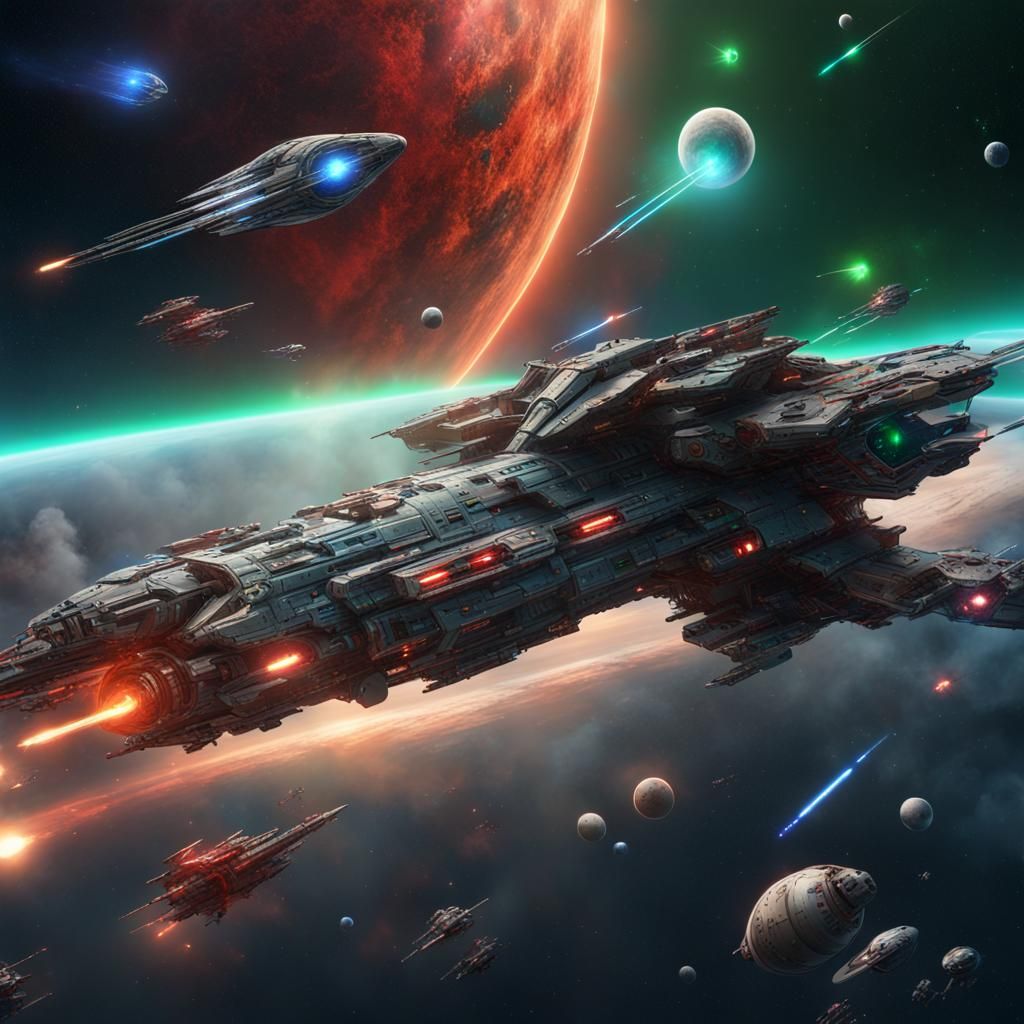 galactic battle, starships with green, blue, red lazar lights, stars ...