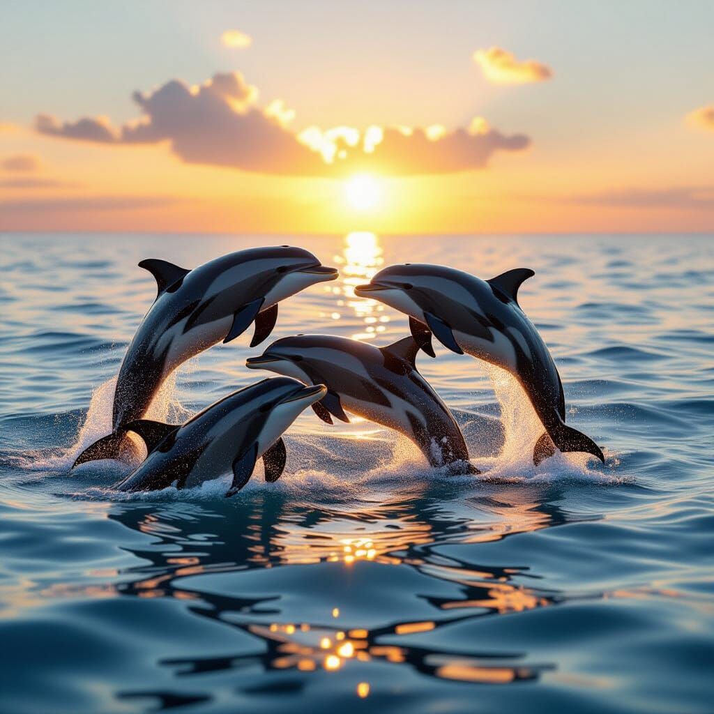 Playful Dolphins Leap in Serene Morning Ocean Light