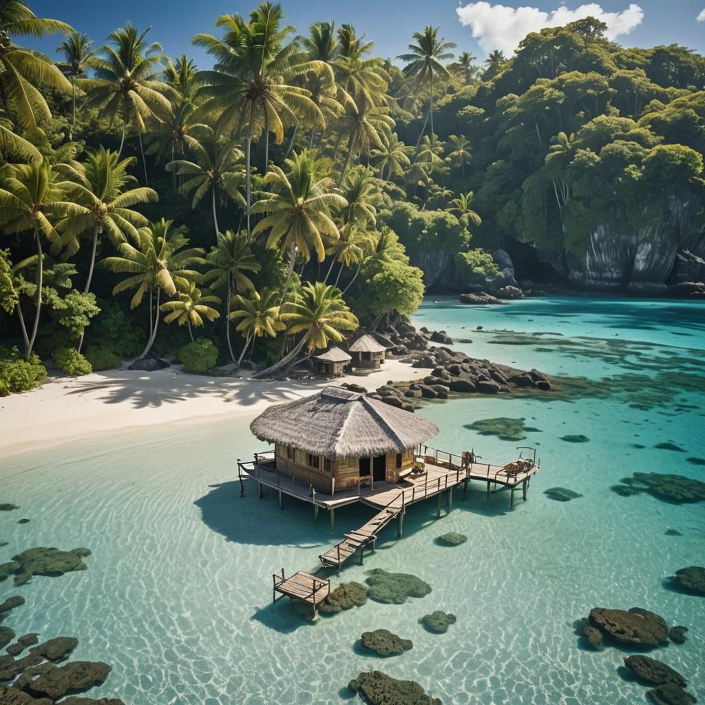 (vacation travel ad:1.4), (wide angle view:1.2), hut, shack,...