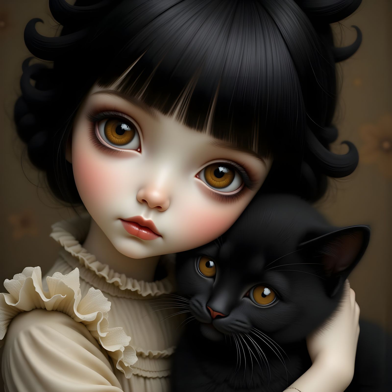 Surreal Doll Portrait Hugging Kitten
