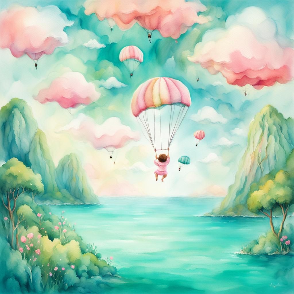 Whimsical Baby Parachute Over Tropical Paradise