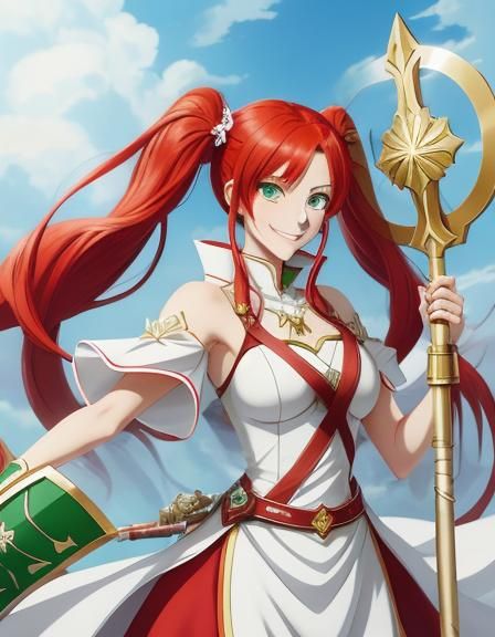 Smiling girl with twintailed red hair and big green eyes wea...