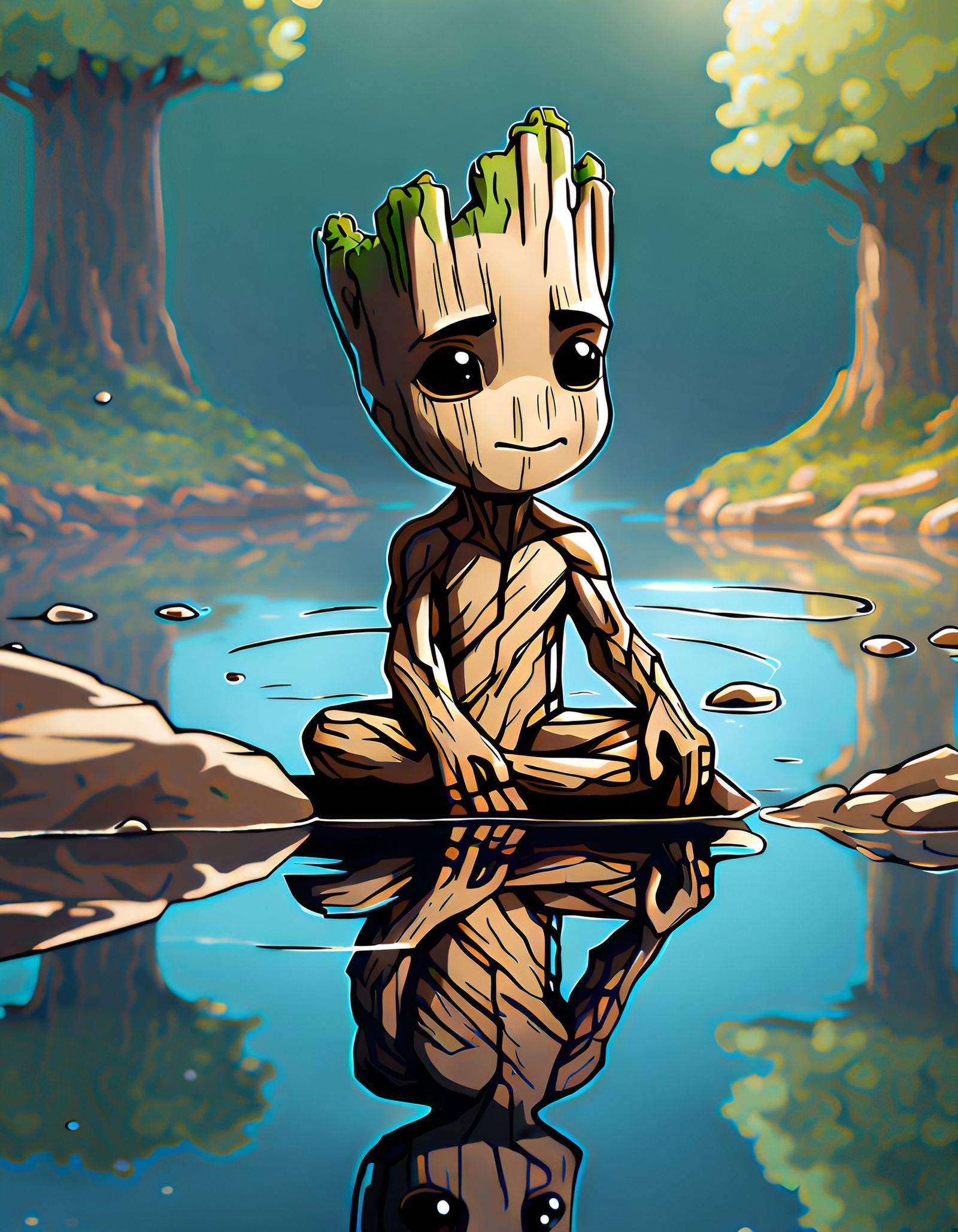 Chibi Groot Looking At His Reflections In The Water