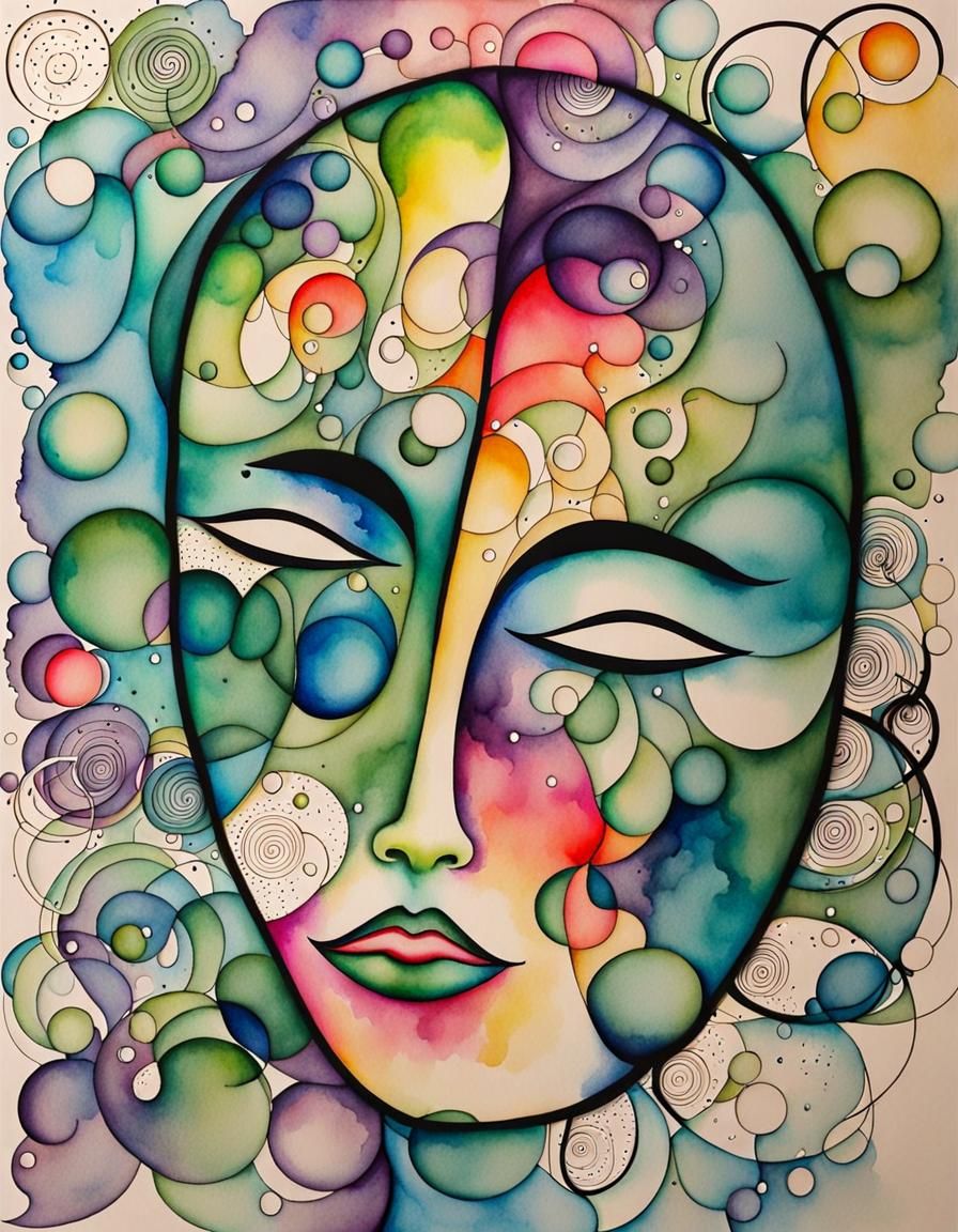 Abstract watercolor painting, abstract face blending with ba...