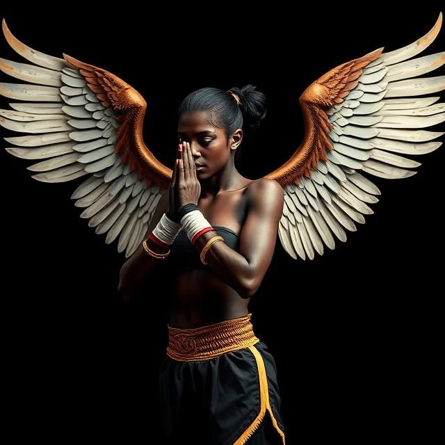 Black female Muay Thai fighter praying with wings on her bac...