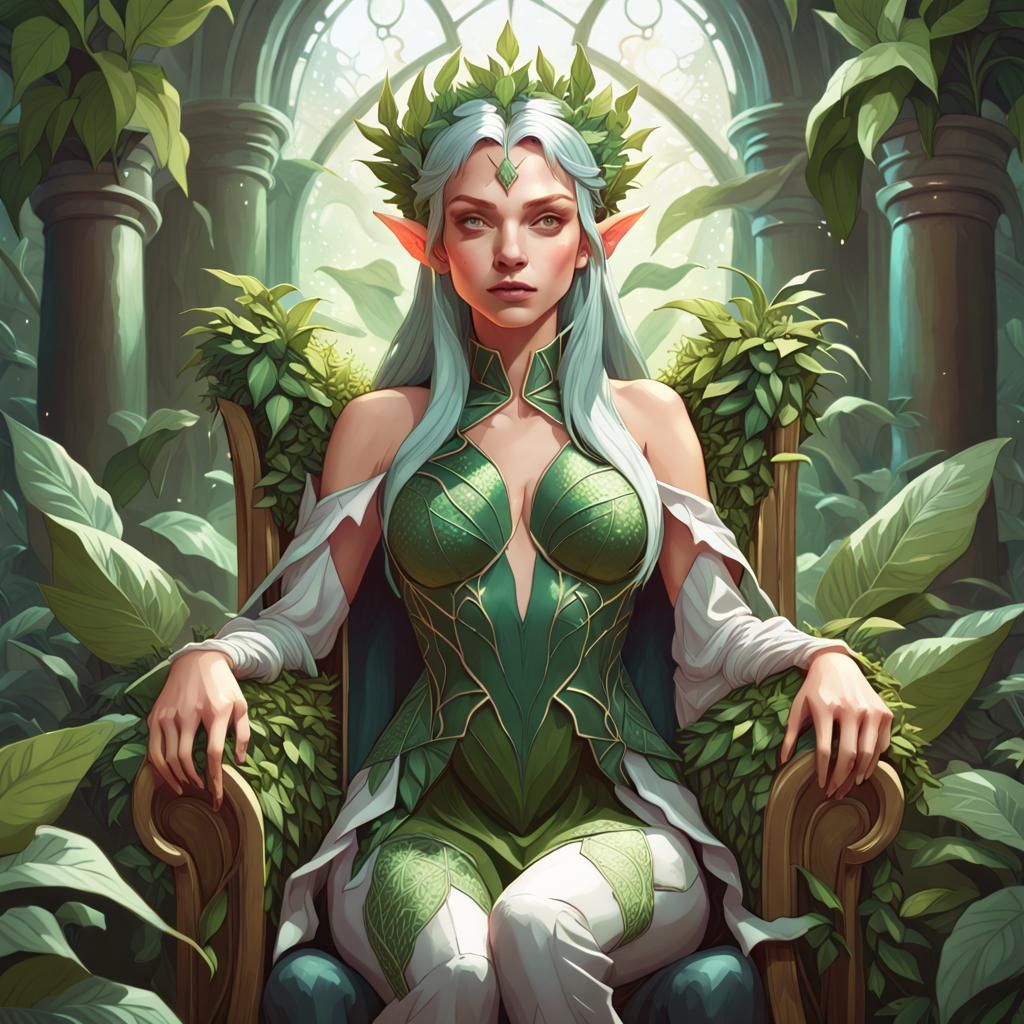 Elf queen portrait: sitting on a throne of living plants.  by @Bobbles52