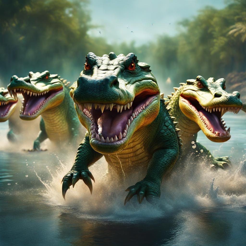 an army of crocodiles emerging from a river on their two hin...