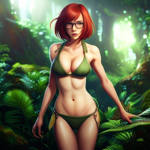 Nice anime girl, red hair, micro bikini, glasses , in jungle