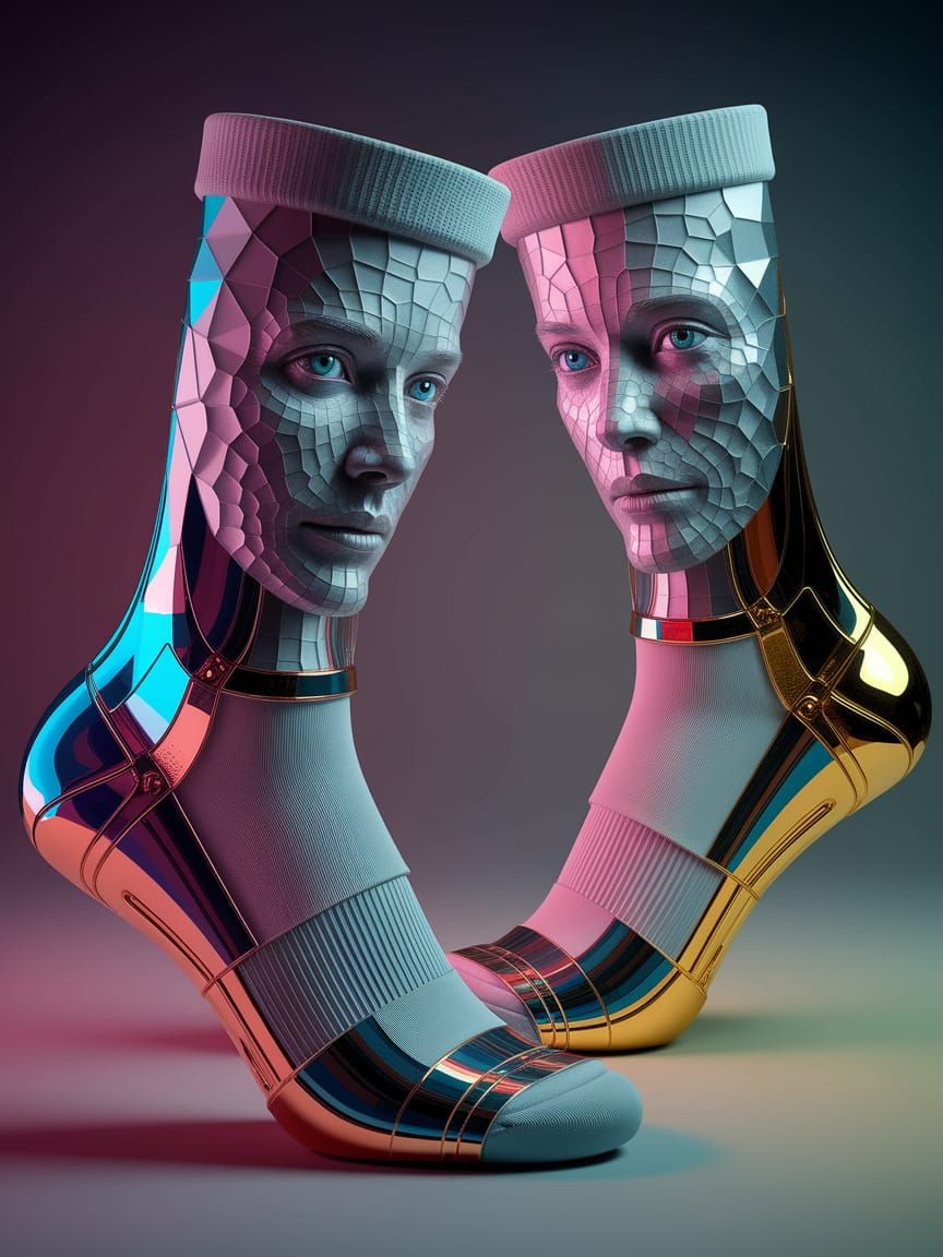 Envision a geometric abstract portrait of two socks, their form dissolving into a kaleidoscope of transparencies and multiple views. The soc...
