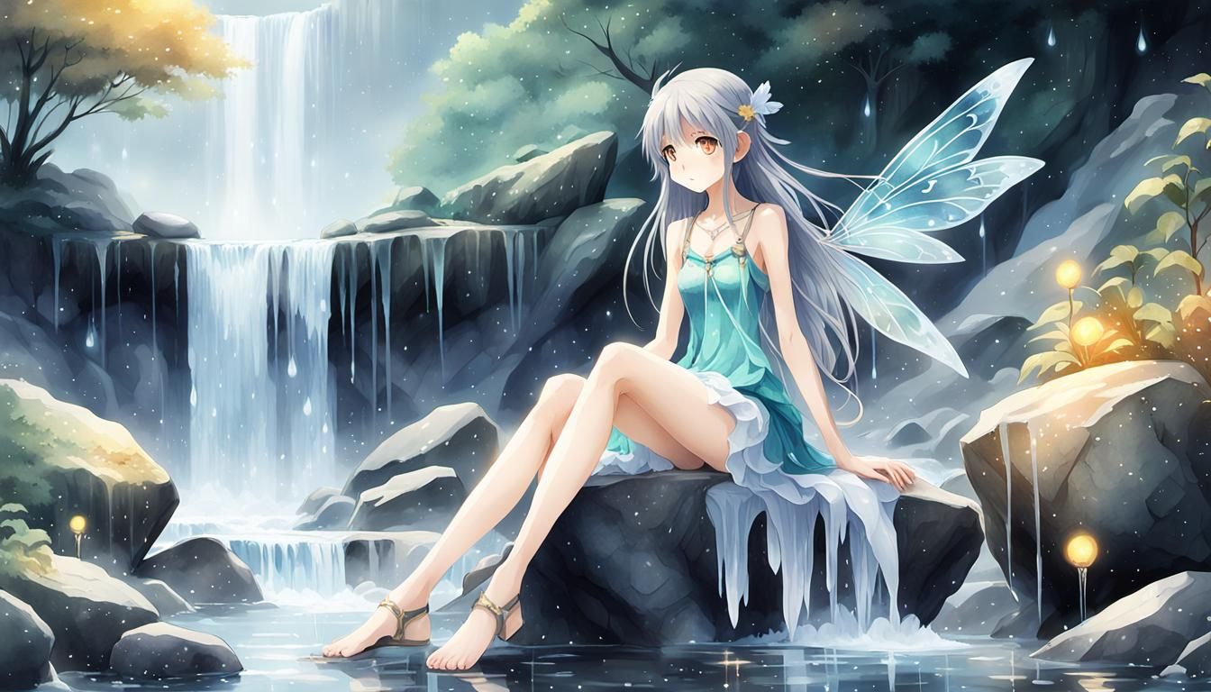 Lonely beautiful Fairy with long legs sitting on the stones ...