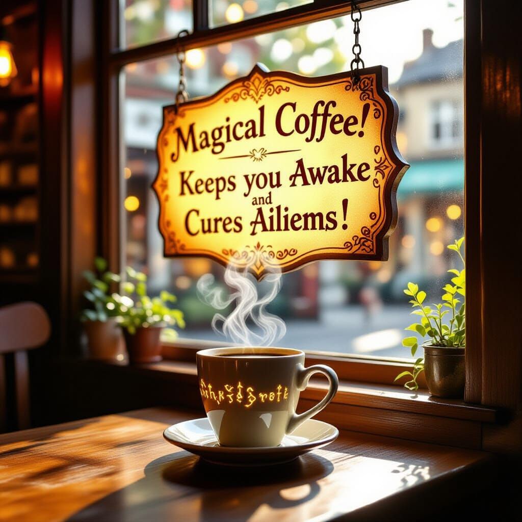 A coffee shop with a sign in the window that says, "Magical coffee! Keeps you awake and cures ailments!"