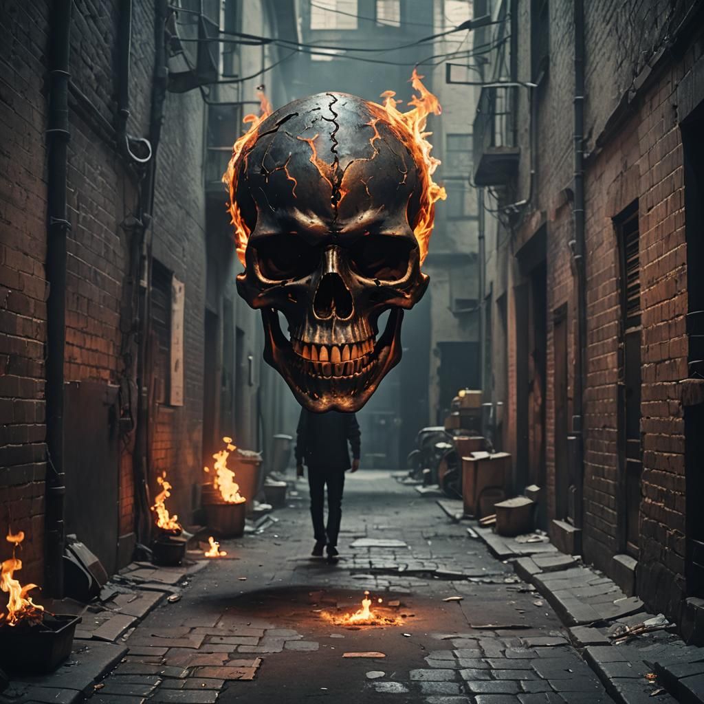 A dark alley with a flaming skull