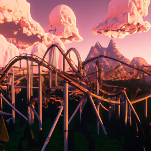A rollercoaster in a valley under a pink sunset with golden ...