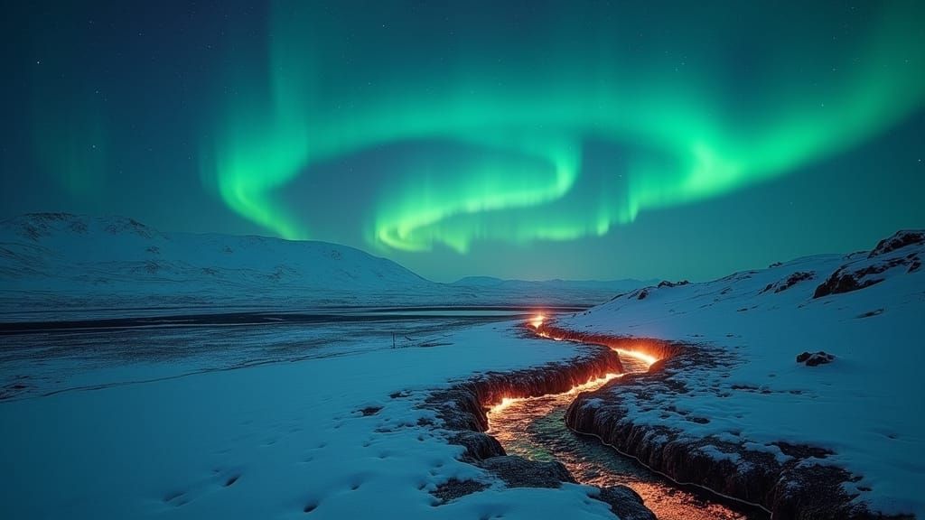 Icelandic lava flow across a snowy frozen landscape with the northern lights beautifully illuminating the night sky