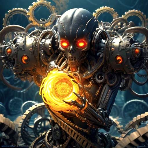 Photograph Weird digital painting. Close-up shot. A metallic woman, melting into a pool of vibrant colors, her dissolving face inspired by t...