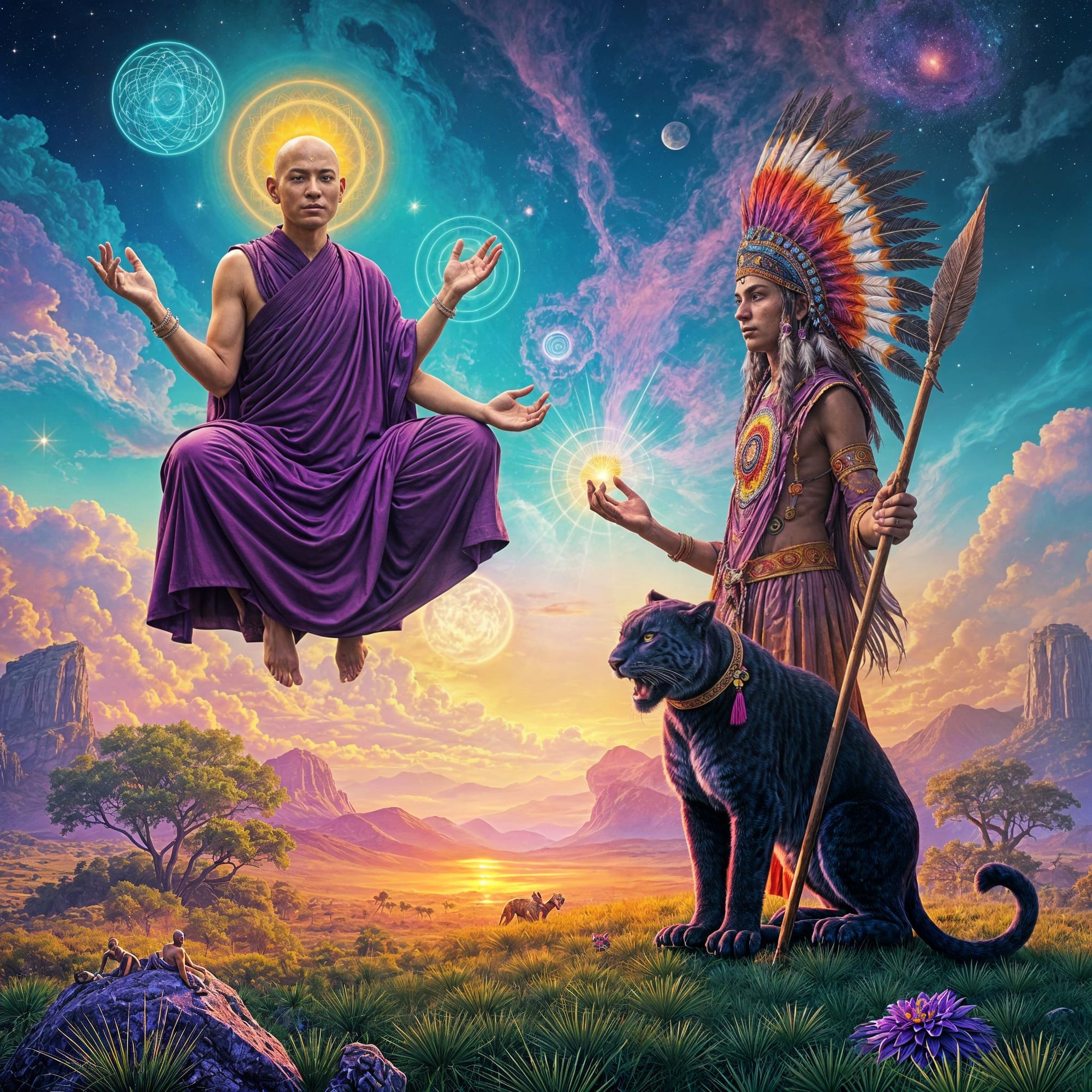 Astral, mystical,psychedelic a monk in purple robes levitating in the lotus position bald third eye open and a Miccosukee Indian Shaman with...