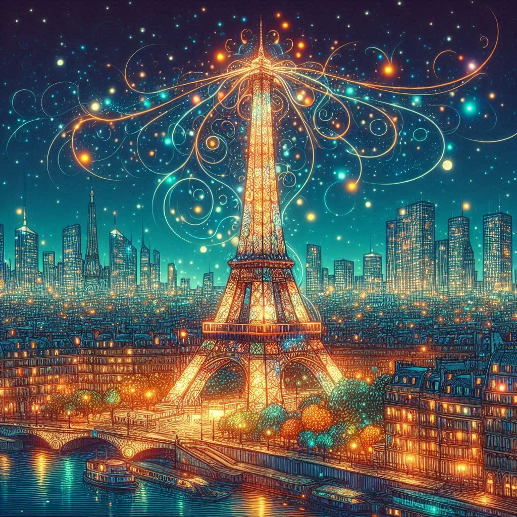 Concept art - beautifully lit Eiffel Tower