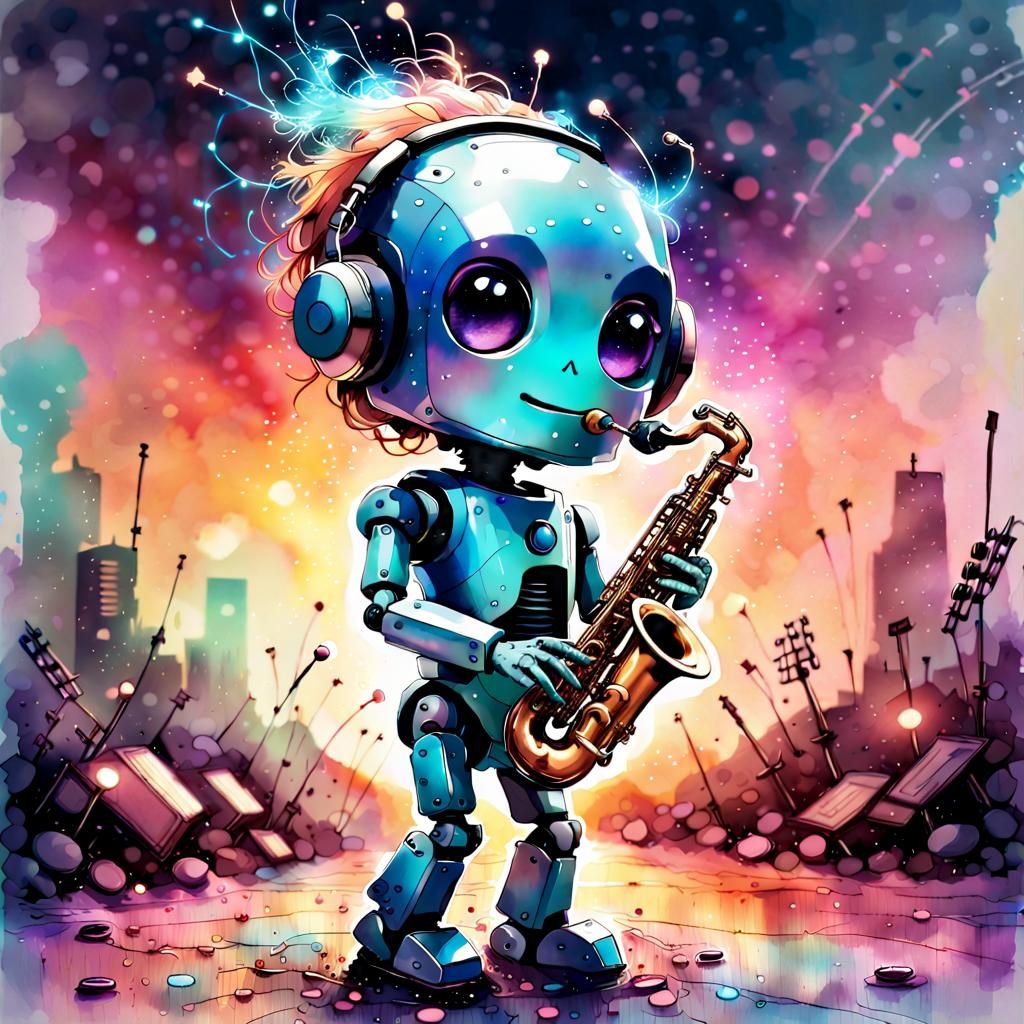 Chibi Robot Plays Saxophone in Watercolor Style