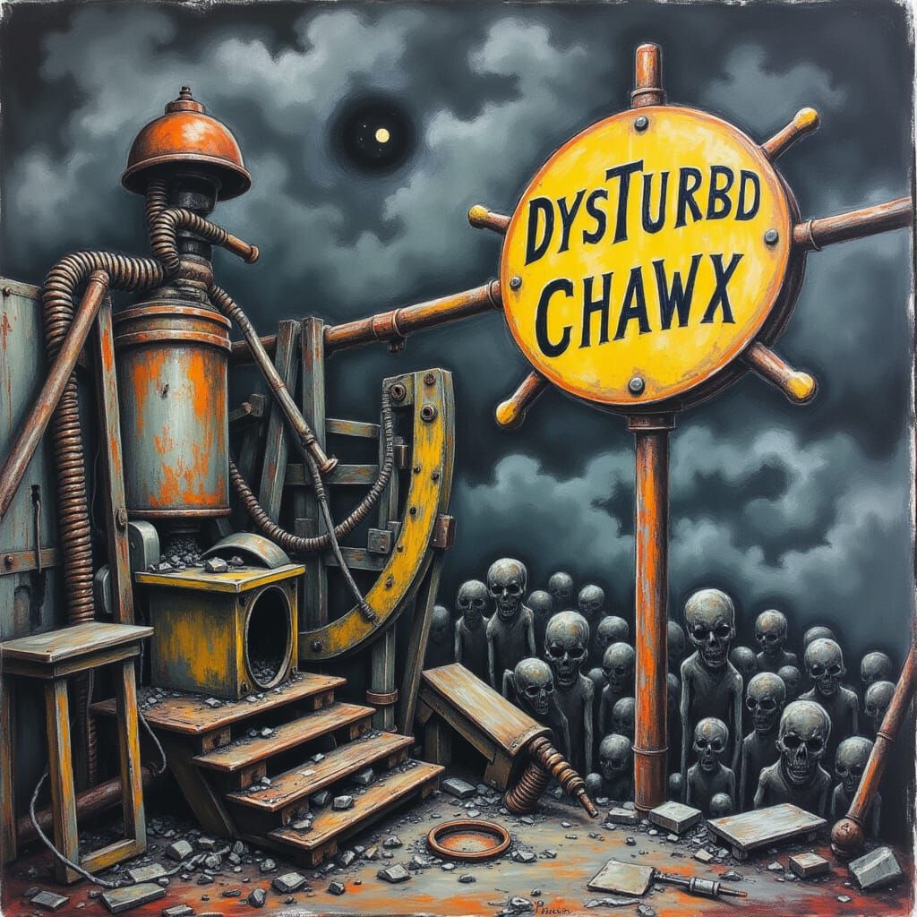 a Gigantic, Modern Abstract Zombie Apocalypse, unnatural creepy text, (Text: "DysTurbd ChaWx") logo, appearing intertwined in a massive apoc...