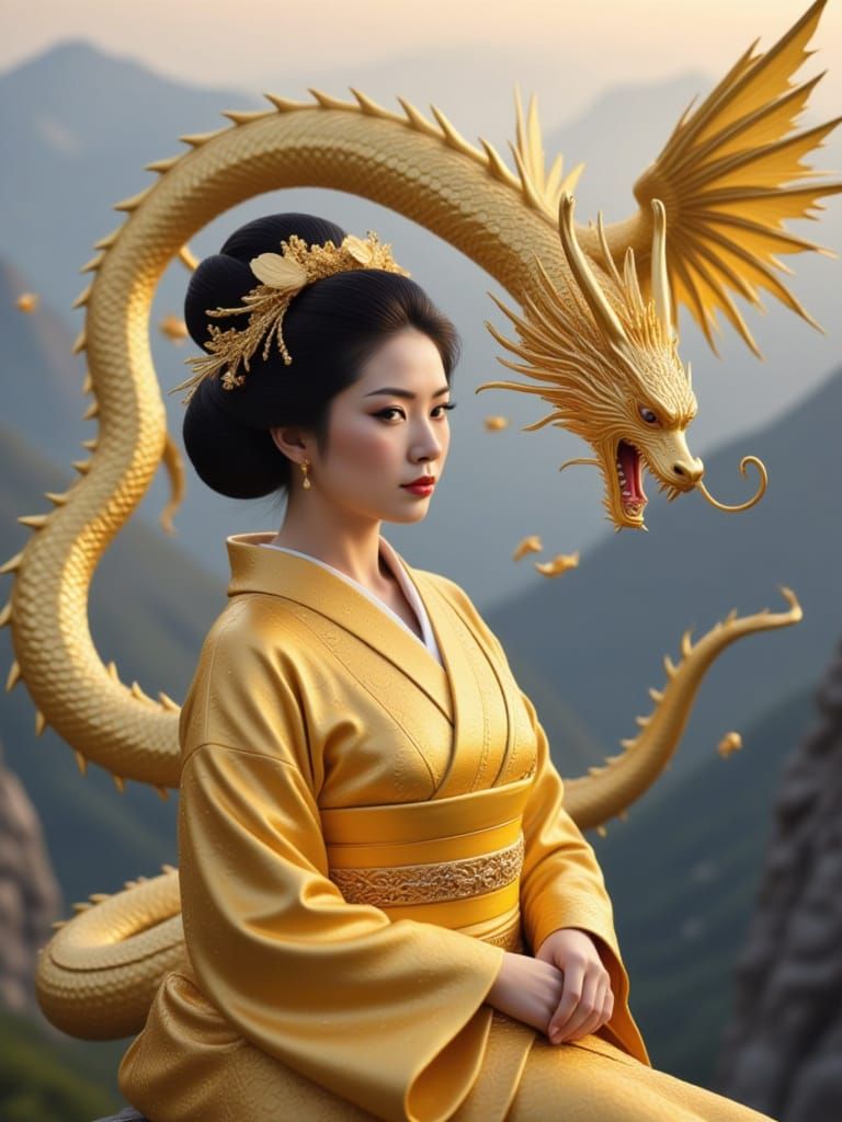 Solo Geisha with Golden Dragon Soaring Over Mountains
"A photorealistic geisha with bold golden eyes and a matching golden kimono, high reso...
