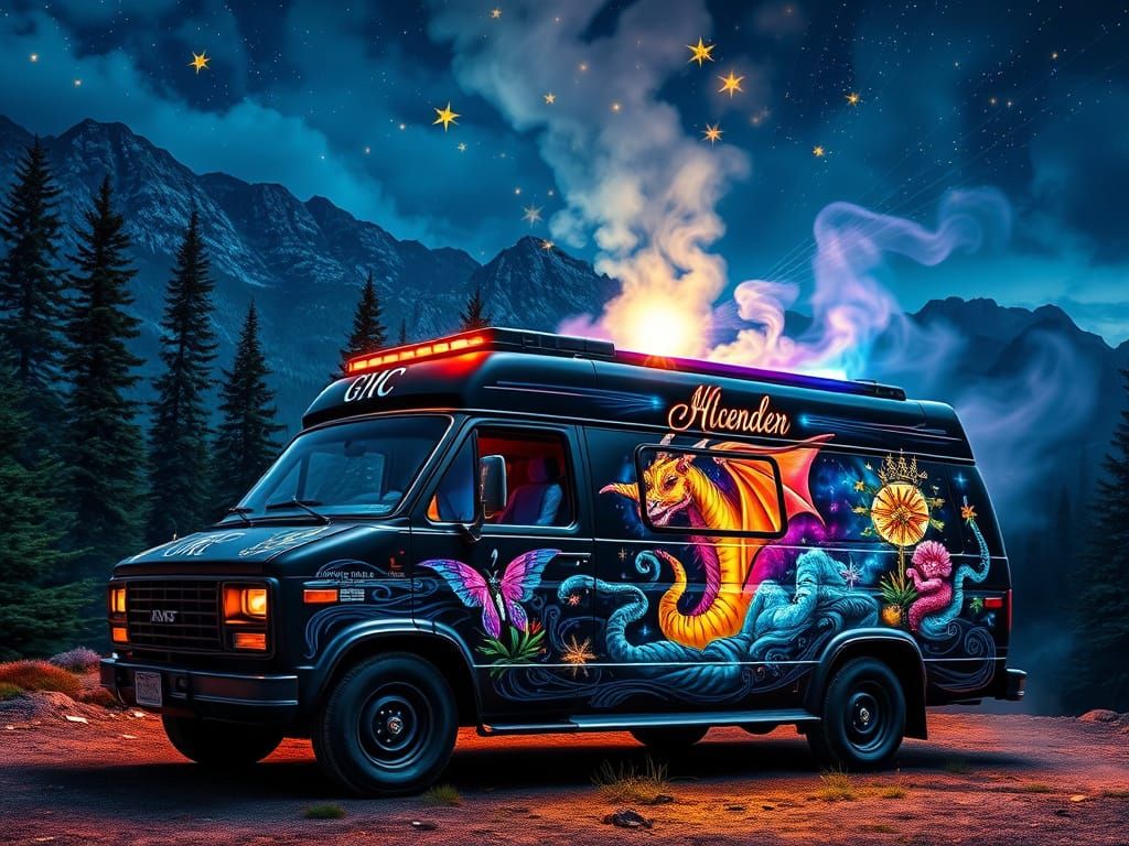 Airbrushed Party Van in Mountain Forest