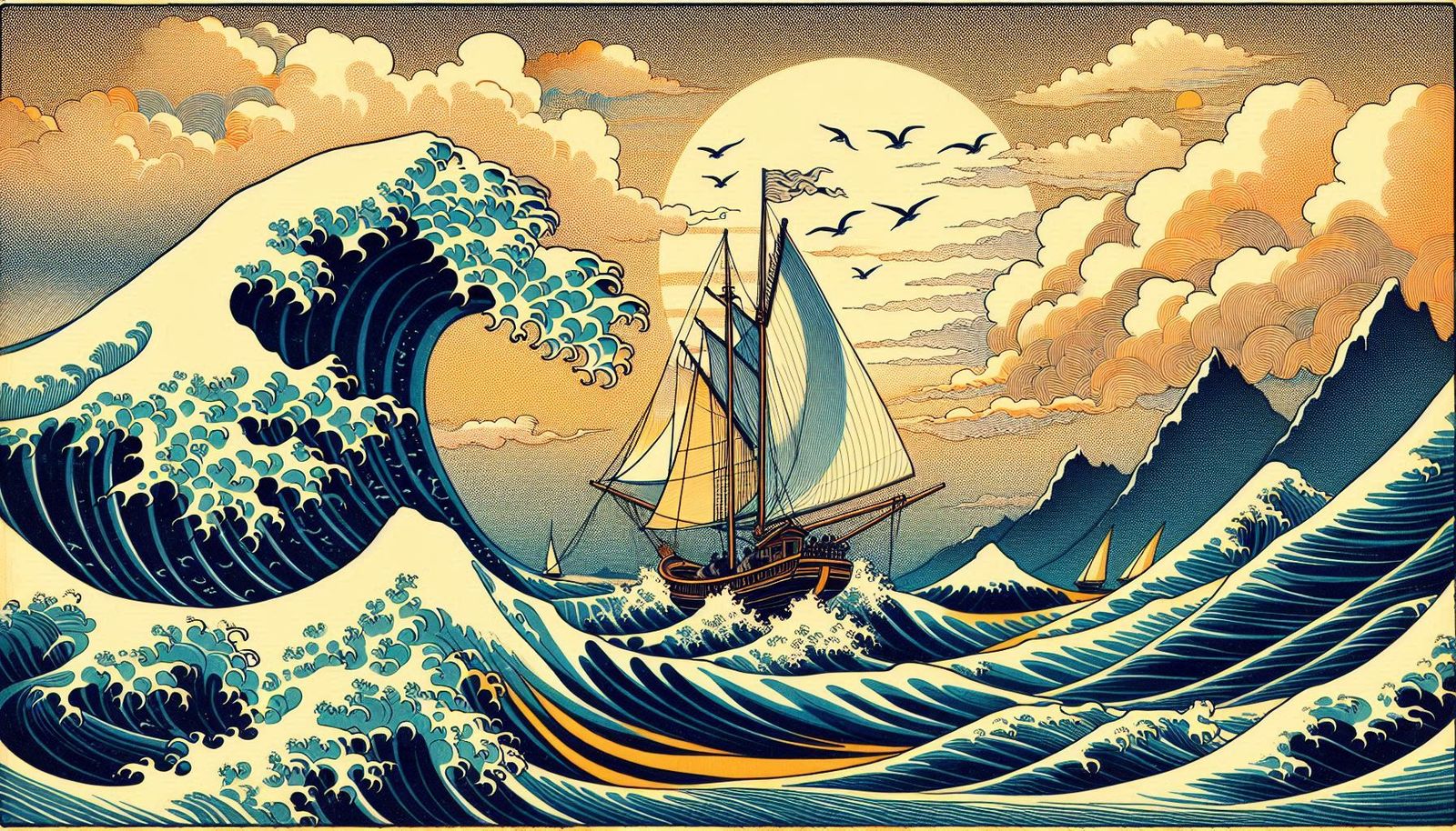 Painting of a maritime scene with rough waves and sailing sh...