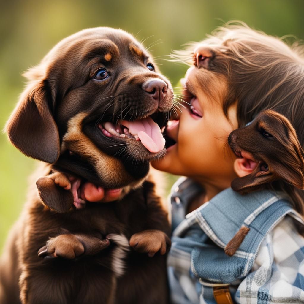 small brown child puppies licking face laughing