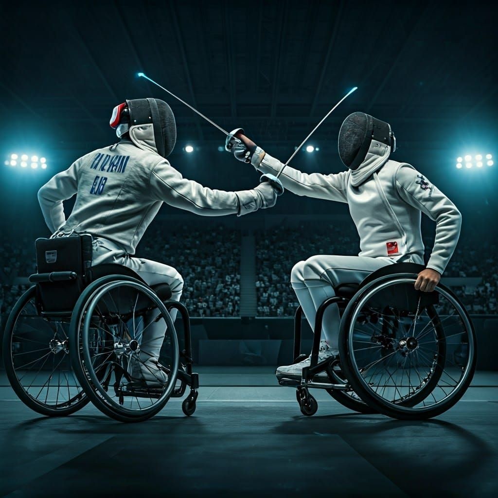 Two para athletes  competing in a paralympic wheelchair Fencing match.  by @Fredericco