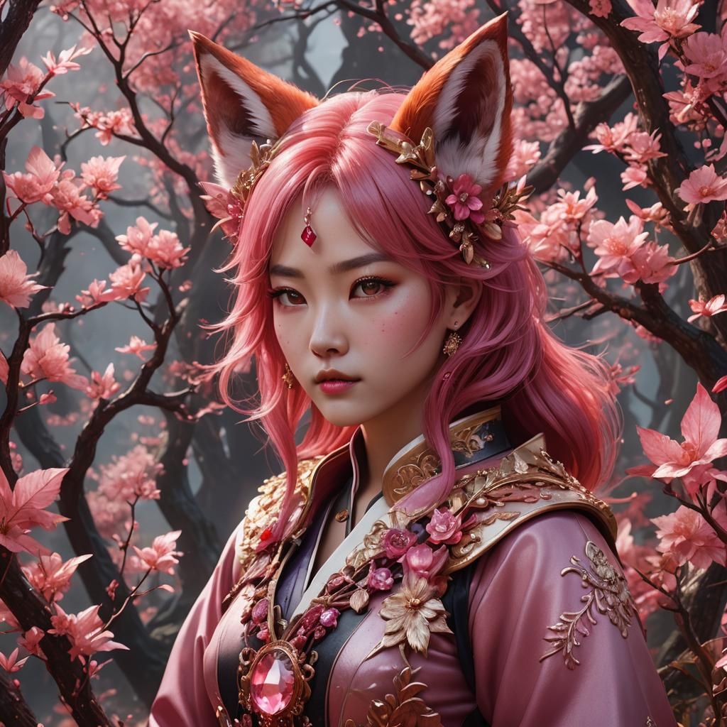 korean lady red pink crystal fox ears pink hair