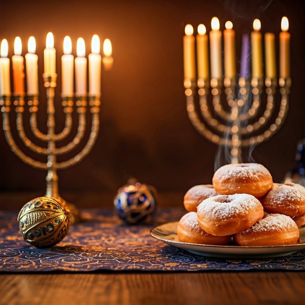 Traditional Jewish Holiday Setting with Golden Dreidel and S...
