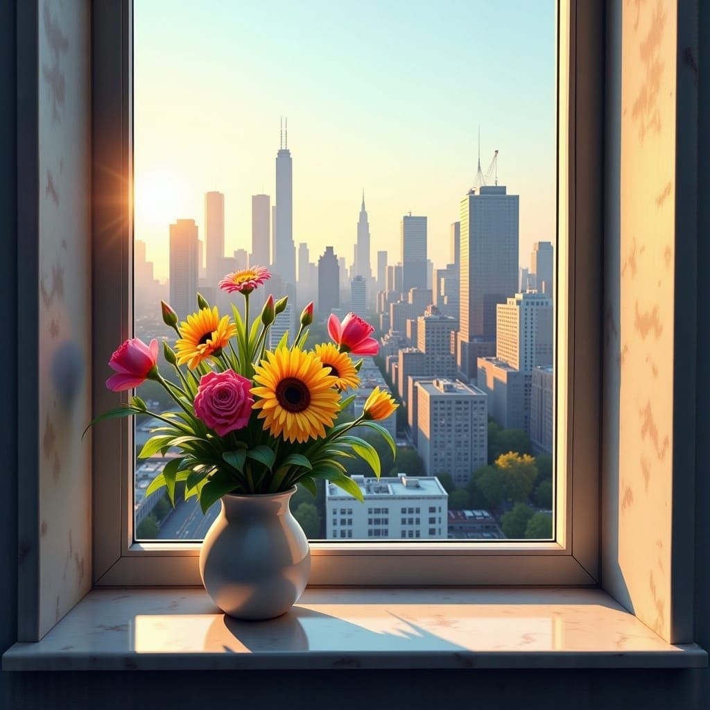<lora:Realistic Digital:1.0> A beautiful vase full of flowers sitting on a windowsill, an incredible cityscape seen through the window behi...