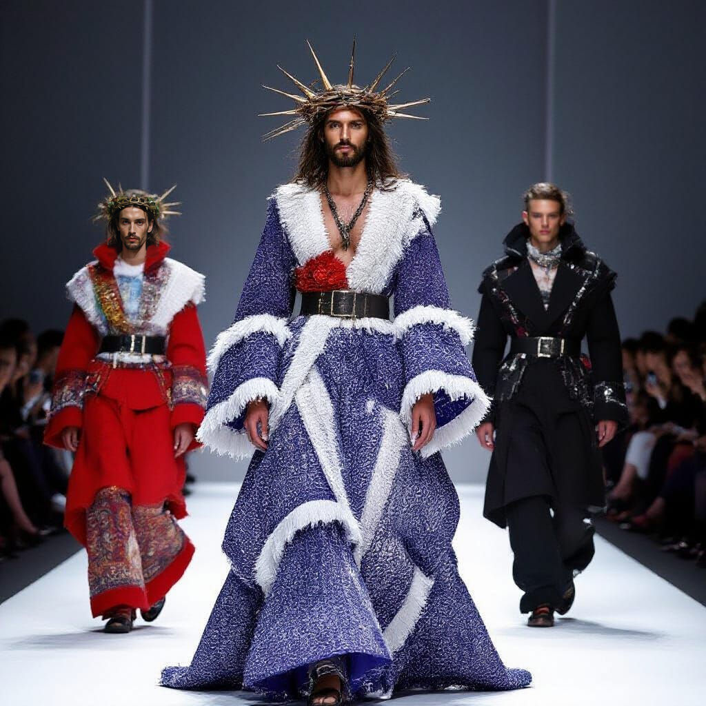 Jesus Christ as a male model on the catwalk of a fashion show with crown of thorn on his head and wears a Vivienne Westwood dress.