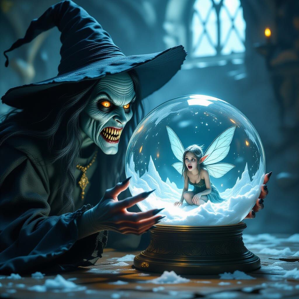 A malevolent witch with a gaunt, scary face and sharp, needle-like teeth gazes intently into a large, ...  by @Gettafix