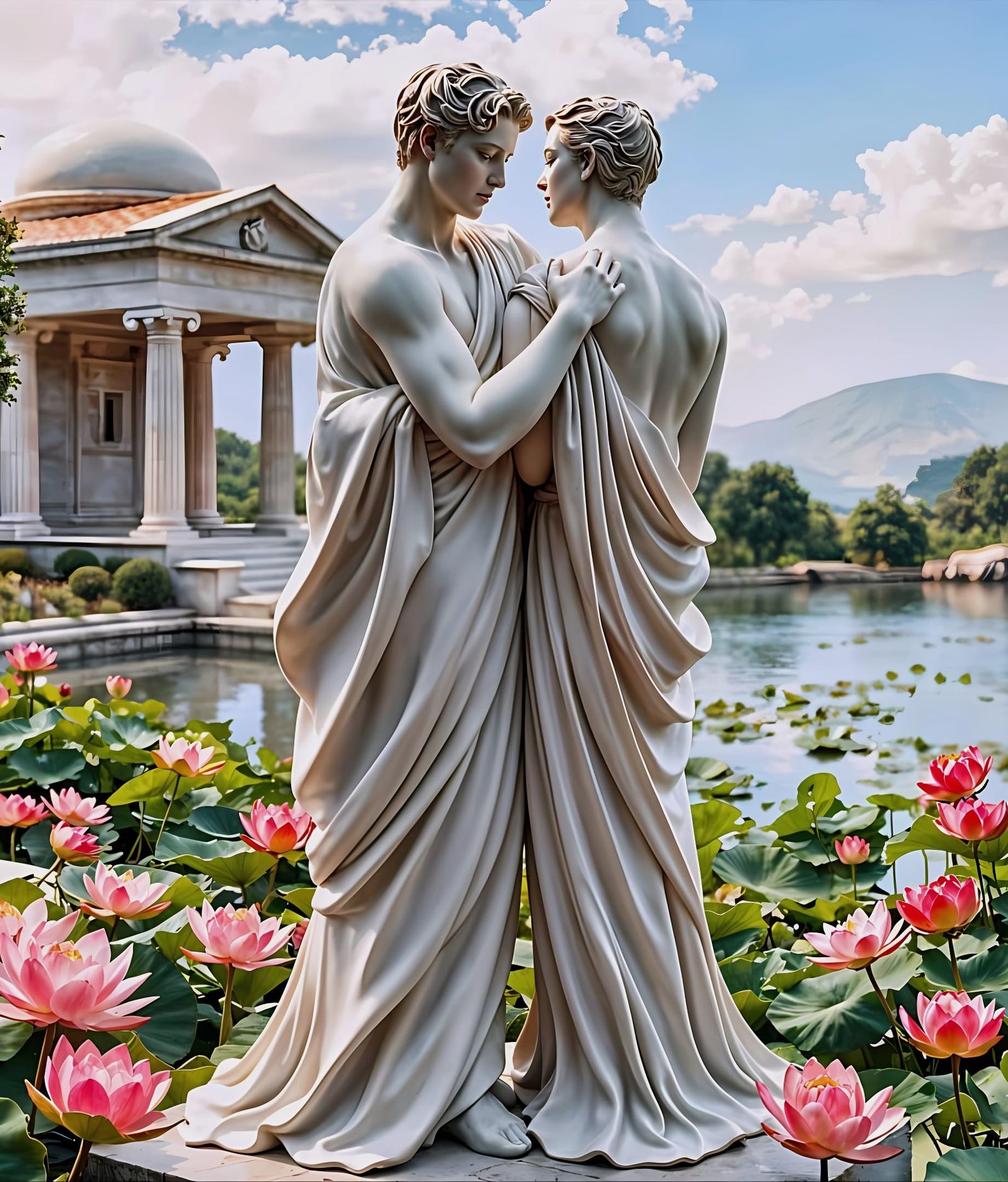 Greek statue by the pond