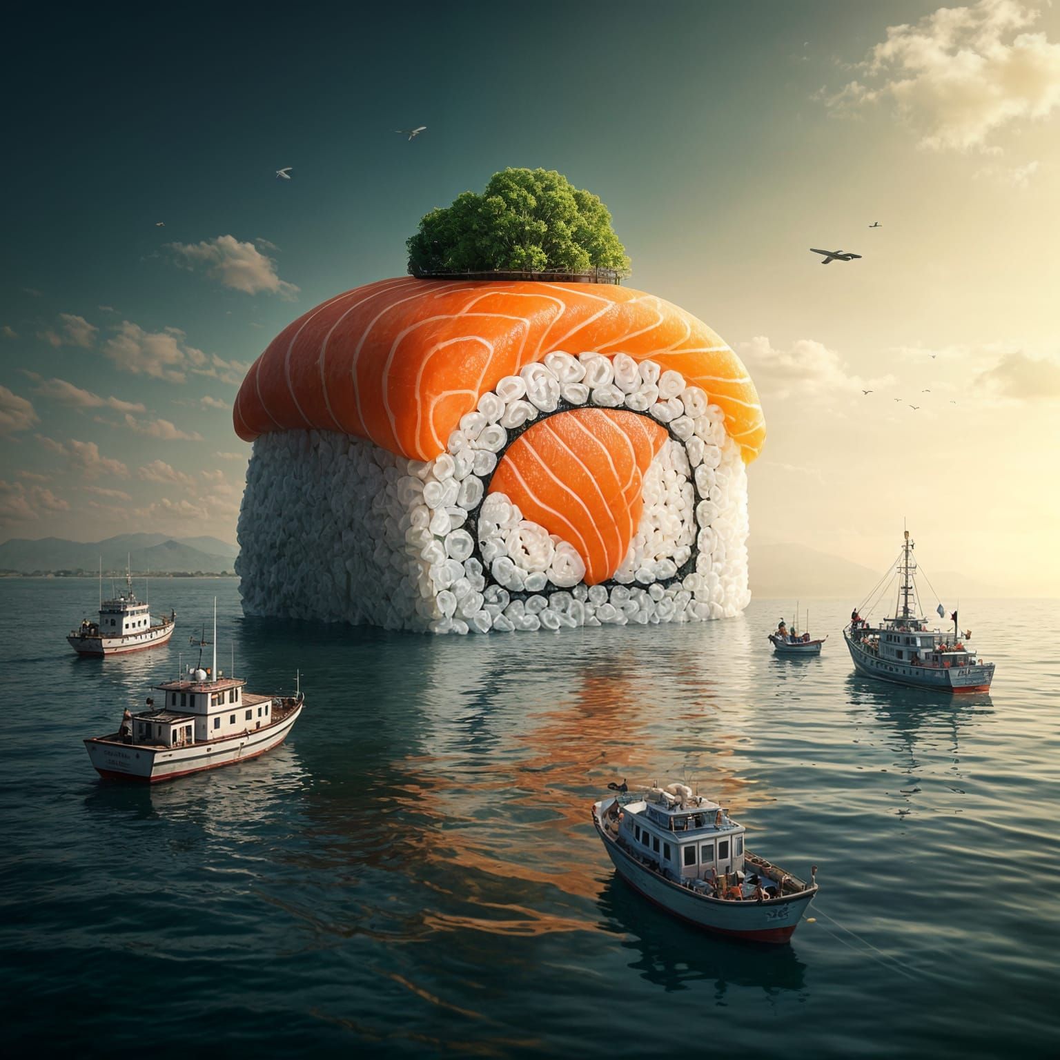 A surreal sushi roll the size of a building anchored at a harbor.  by @ZoinMihailo