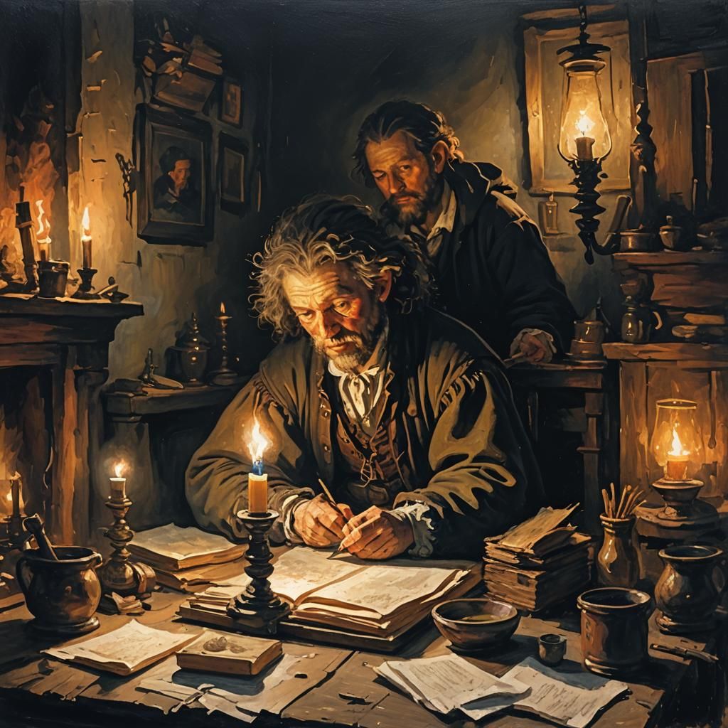 working late in candlelight by rembrandt in impasto technique - AI ...