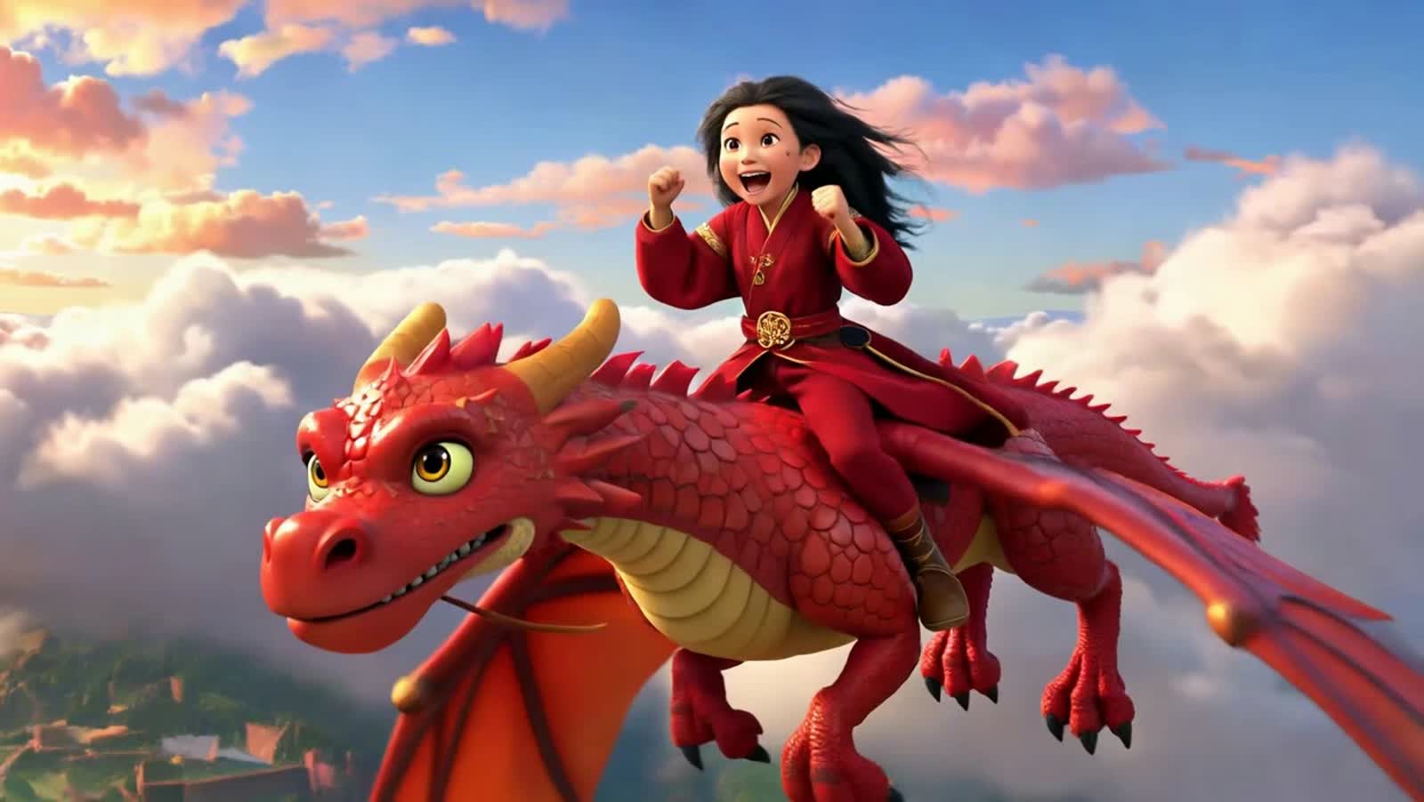 An excited teen girl with wild hair on the back of a red dragon soaring through the clouds.