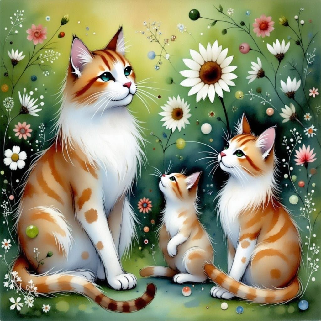 Mother cat and kittens playing, alcohol inks, whimsical day, late afternoon, by Aubrey Beardsley, Mila Marquis. <lora:Earth and water:1.0> 