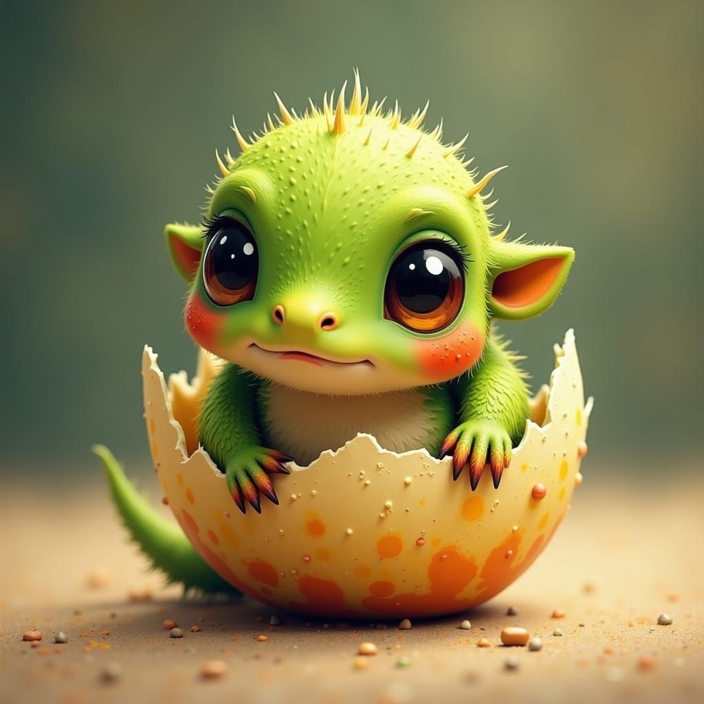 baby green dragon hatching out of an egg <lora:CuteRoundAnimals:1.0> cute, big eyes