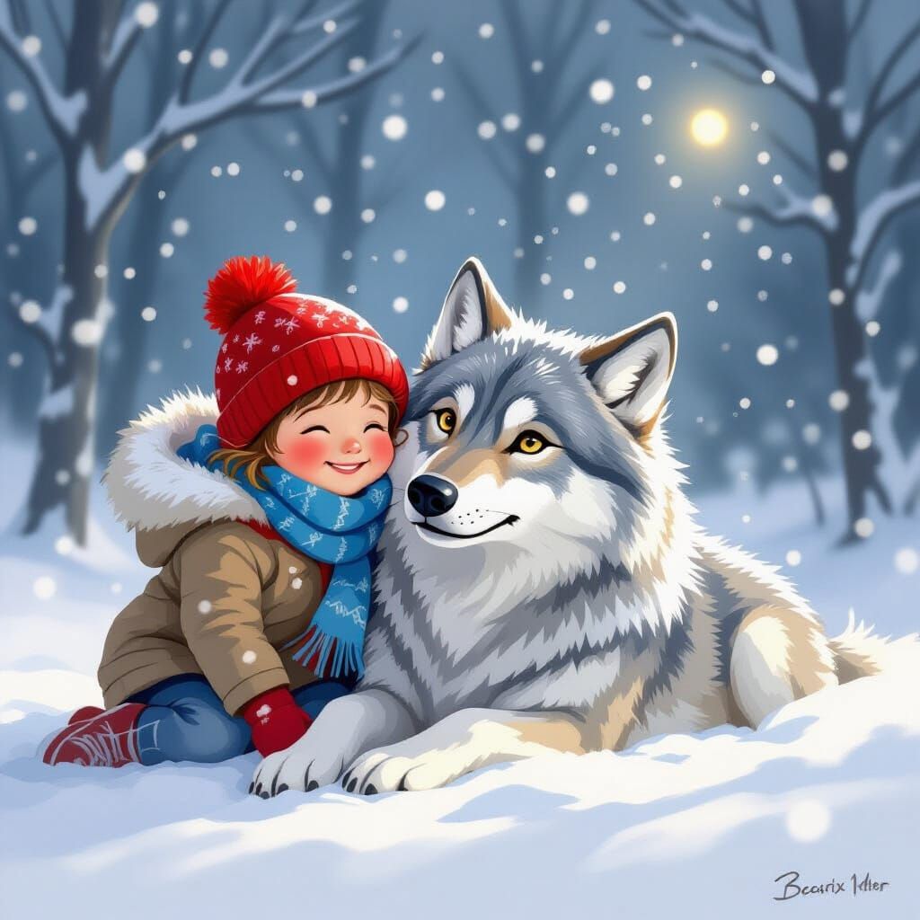 Child and Wolf in Snowy Landscape, Whimsical Illustration St...