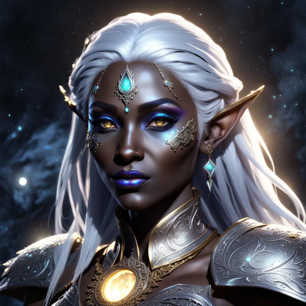 detailed Drow elf with beautiful bright iridescent glowing silver hair ...