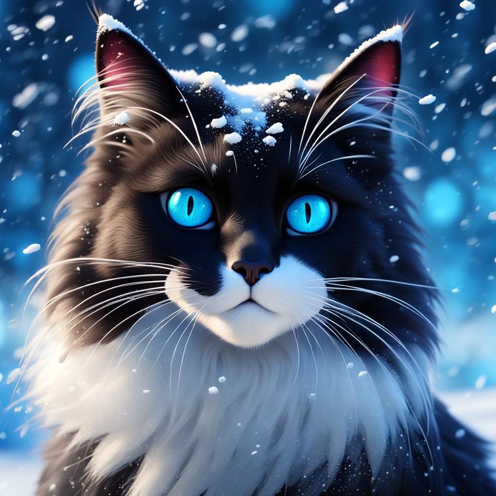 Happy Blue-Eyed Cat Playing in Snow, 3D Render