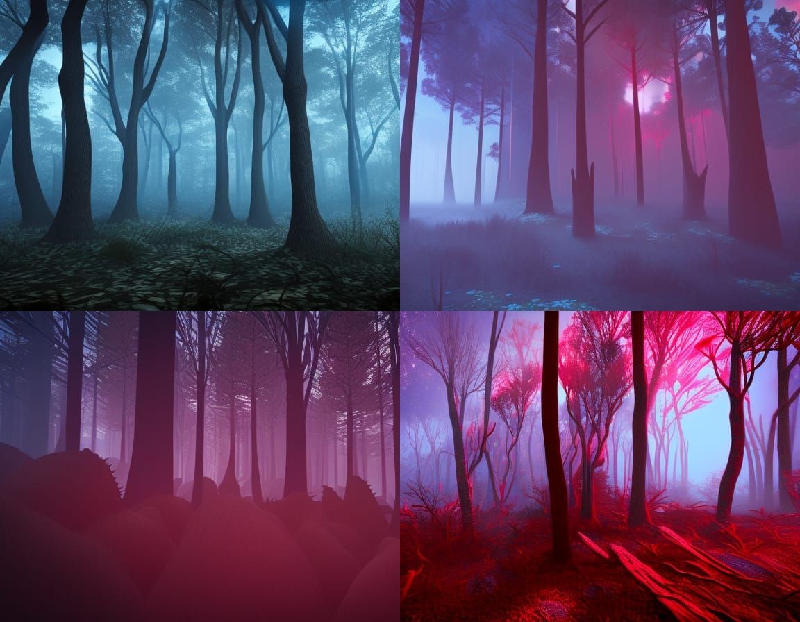 red blue anaglyphic colors, creepy dark alien forest, strang...