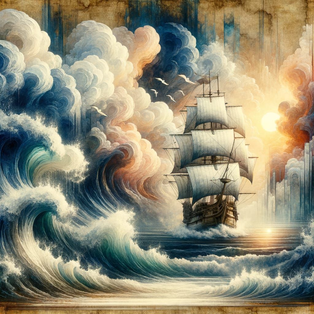 Ancient Ship in Tempestuous Seas: 18th-Century Maritime Pain...