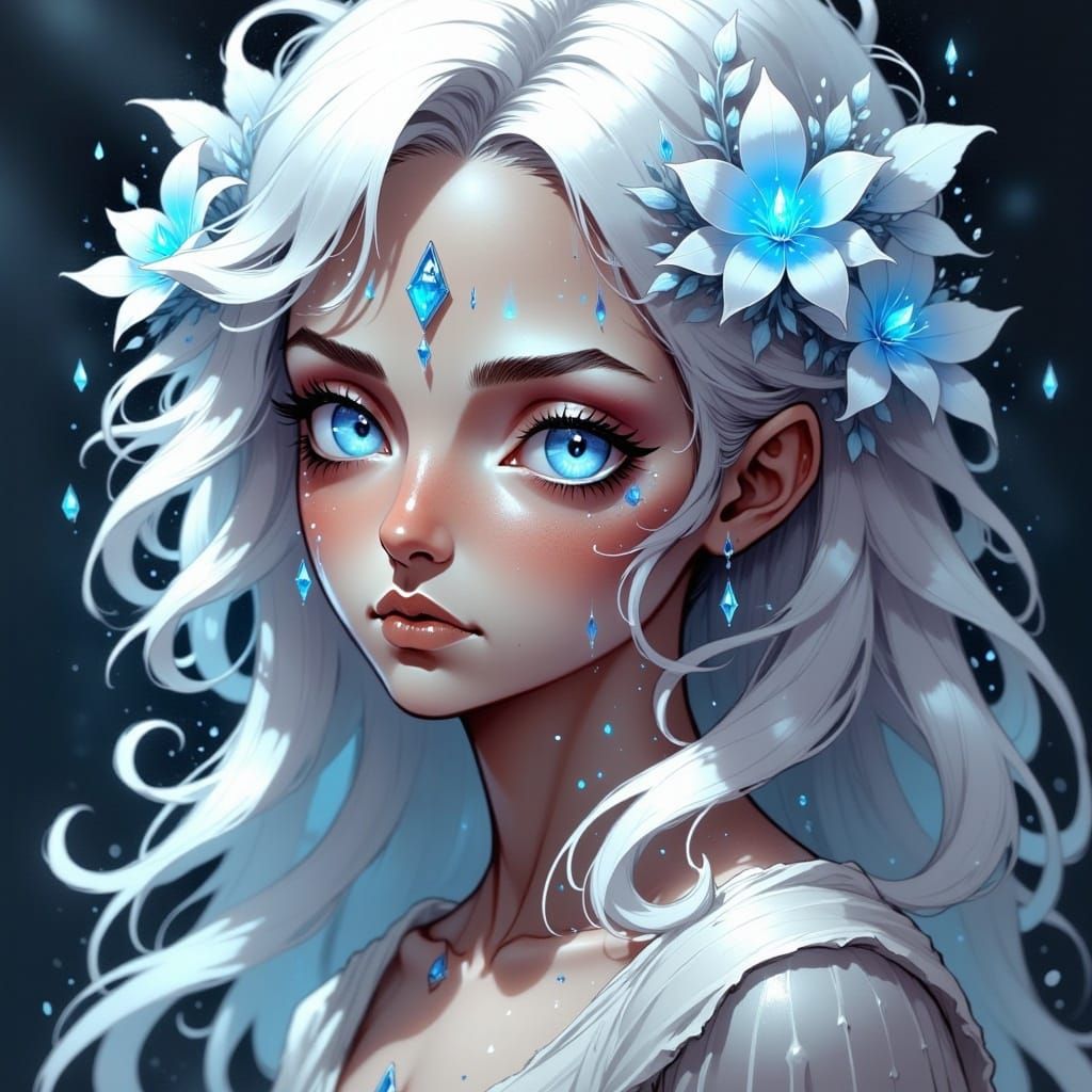 <lora:EtherealInkArchiveFx:1.0>, crystalline goddess, blue glowing flower eyes, long hair, detailed head and shoulders portrait, detailed in...