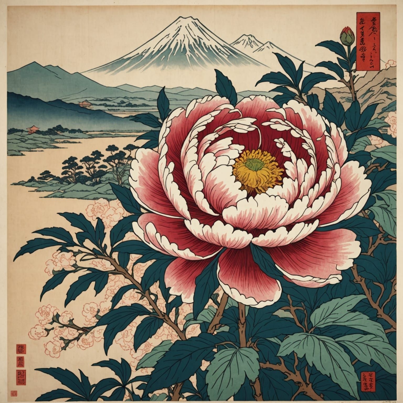 peonie blossom ukyio-e woodblock print, Hokusai matte painting Ukiyo-e woodcut gossamer  by @Abby Rexroth